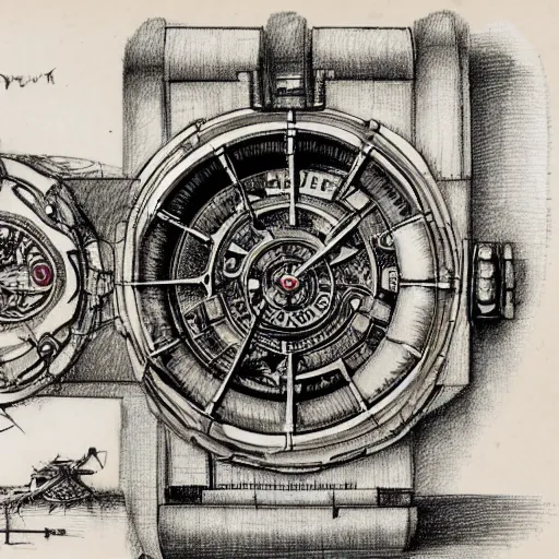 Image similar to Sketch of an exploded view of a futuristic mechanical watch by Leonardo Da Vinci with comments and highly detailed.