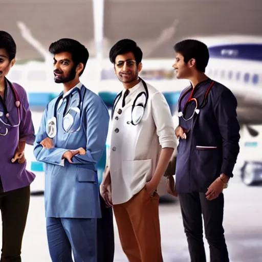 Image similar to Anxious good looking young Indian doctors in American clothes waiting at an airport, by Feng Zhu, highly detailed, excellent composition, cinematic concept art, dramatic lighting, trending on ArtStation