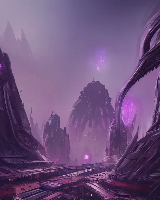 Image similar to an alien city, alien architecture, purple, environment art, fantasy art, landscape art, in the style of greg rutkowski, illustration, epic, fantasy, intricate, hyper detailed, artstation, concept art, smooth, sharp focus, ray tracing