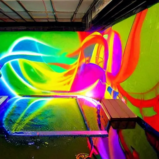 Prompt: backflip into a pool caustics lighting impressive colorful masterpiece graffiti