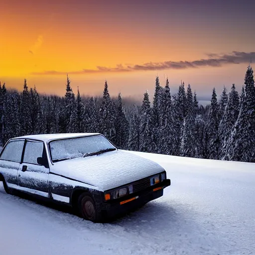 Image similar to a black lada in the snowy mountains, ptomotional photograph, natural, hdr, golden hour