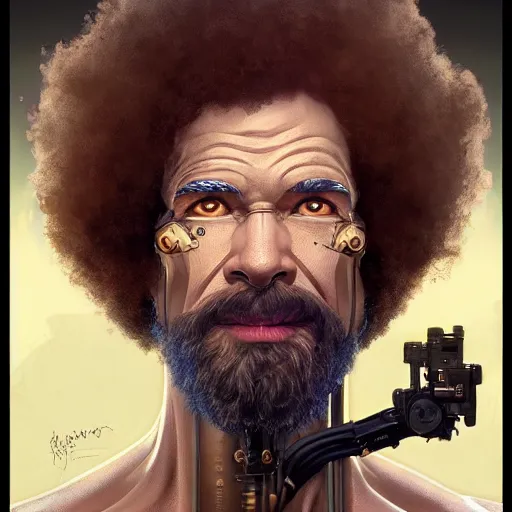 Image similar to portrait of cyborg bob ross intricate, elegant, highly detailed, my rendition, digital painting, artstation, concept art, smooth, sharp focus, illustration, art by artgerm and greg rutkowski and alphonse mucha and uang guangjian and gil elvgren and sachin teng, symmetry!!