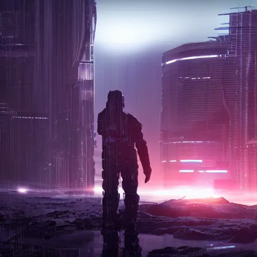 Prompt: cyberpunk landscape with a solo figure in the foreground, volumetric lighting