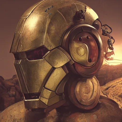 Prompt: A still life of a rusty robot, Pieter Claesz, William James Glackens, ((chains)), ((gears)), helmet, Iron man, (Unreal Engine), Octane render, mountain background, ((rocks))