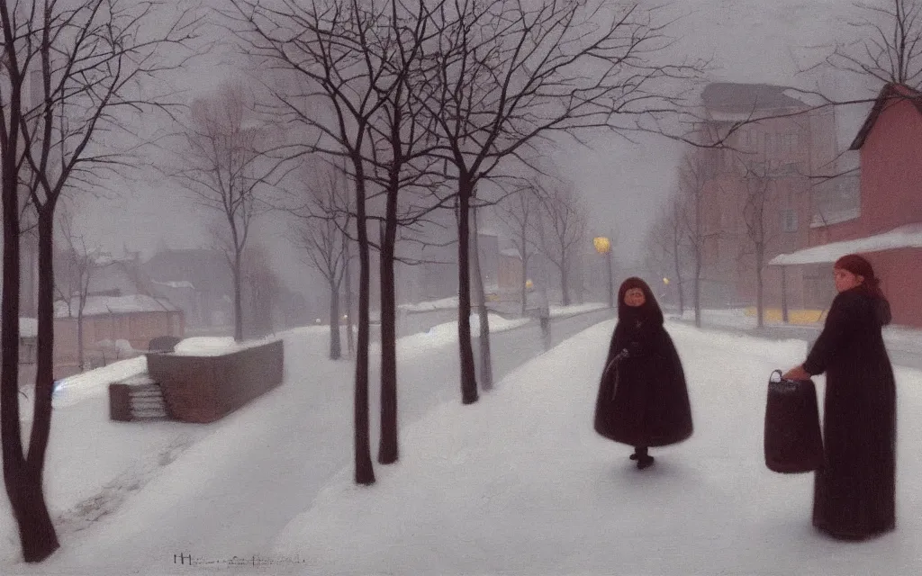 Prompt: a painting of sad little redhead lady in a winter street in norway, oil on canvas, by hammershoi