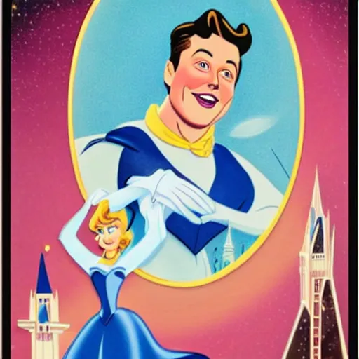 Image similar to portrait of elon musk as cinderella, 1950 disney movie poster, hand drawn animation cel, extremely detailed