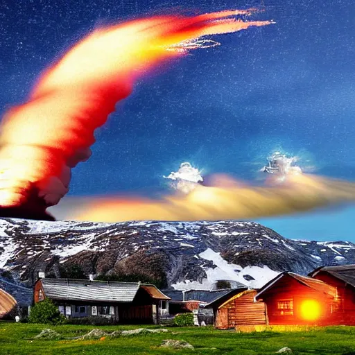 Image similar to digital artwork of nuclear explosion over a small quaint town in the swedish alps