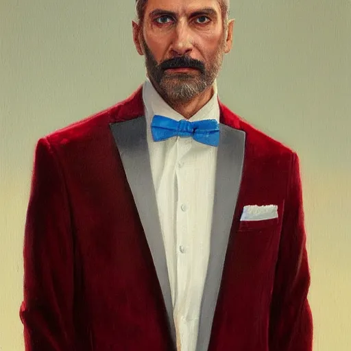 Prompt: A painting of a 40 year old man with sharp facial features and a light stubble, grey hair, blue eyes, beautiful and detailed, he is wearing a crimson red velvet suit, oil painting, by Greg Rutkowski, trending on artstation