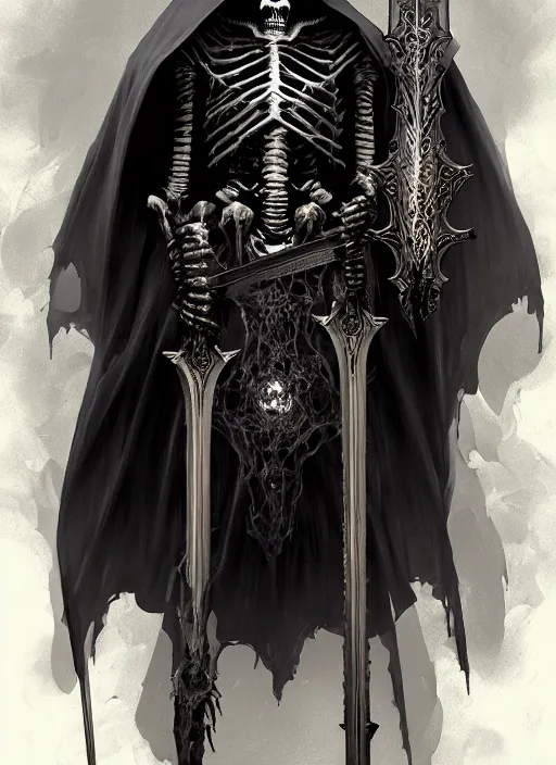 Image similar to portrait of a skeleton in a dark cloak holding a large translucent claymore sword made from the souls of the dead, intricate, elegant, highly detailed, digital painting, artstation, concept art, smooth, sharp focus, illustration, art by wlop, mars ravelo and greg rutkowski