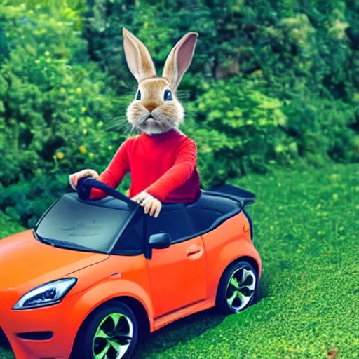 Prompt: bunny riding in a carrot car