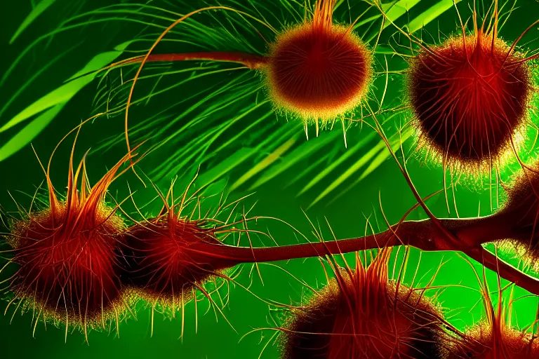 Image similar to jungle of the rambutan, art by ron miller and matthew stawicki and jurgen ziewe, trending on artstation, halfrear lighting microscopic view telephoto lens, cgsociety, final, long exposure, socialist realism