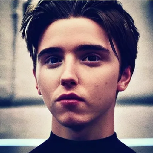 Image similar to “a realistic detailed photo of a guy who is an attractive humanoid who is half robot and half humanoid, who is a male android, Brooklyn Beckham, shiny skin, posing like a statue, blank stare”