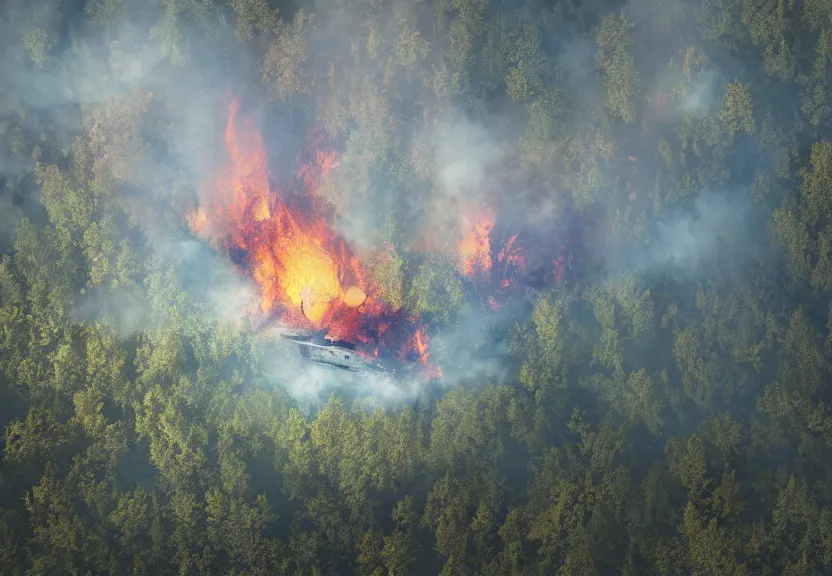 Image similar to wreckage of a crashed spaceship into a clearing in a forest, fire and smoke, close up. Soft lighting, adventurous, atmospheric lighting, 8K, octane render. By Makoto Shinkai, Stanley Artgerm Lau, WLOP, Rossdraws, James Jean, Andrei Riabovitchev, Marc Simonetti, krenz cushart, Sakimichan, D&D trending on ArtStation, digital art.