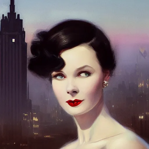 Image similar to closeup portrait of a young vivien leigh, 1 9 2 0 s, femme fatale, city background, megacity, high fantasy, dramatic light, gorgeous view, depth, high detail, digital art, painted by greg rutkowski, trending on artstation