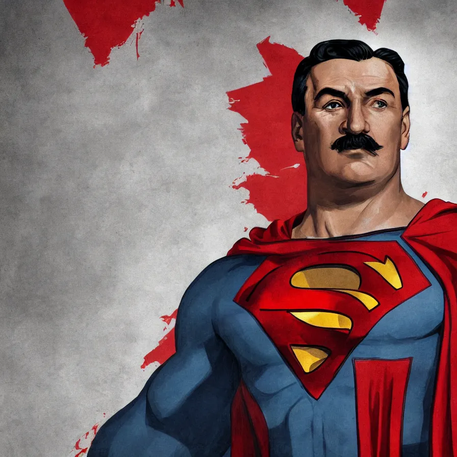 Prompt: stalin as superman, red son, socialist realism, sovietwave aesthetic, red hammer and sickle logo on chest, groundbreaking, award winning, breathtaking, superb, hyperrealistic, detailed picture, intricate digital art, trending artstation, 8 k, unreal engine 5, octane render, vfx, volumetric lighting, rich moody colors, fan art, concept art