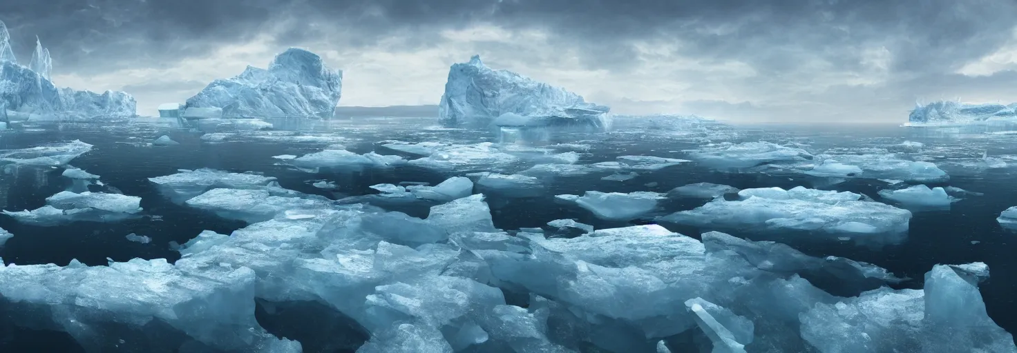 Prompt: Ocean Arctic with the ice cracking and icebergs by paul chadeisson, cinematic lighting, extremely detailed, ultra realistic, trending on artstation, 8K