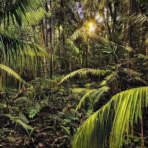 Image similar to dark tropical forest, life, sparkling spirits, detailed wide shot, photograph, ground detailed, wet eyes reflecting into eyes reflecting into infinity, beautiful lighting