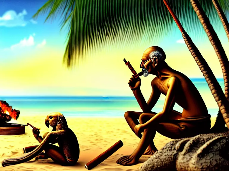 Image similar to side view of gandhi holding a cigar, sitting on a beach, next to a campfire, with palm trees and different types of beach animals parrot turtle lizard crab coconuts in the back, glorious lighting, epic environment, highly detailed, digital art, hyper realistic