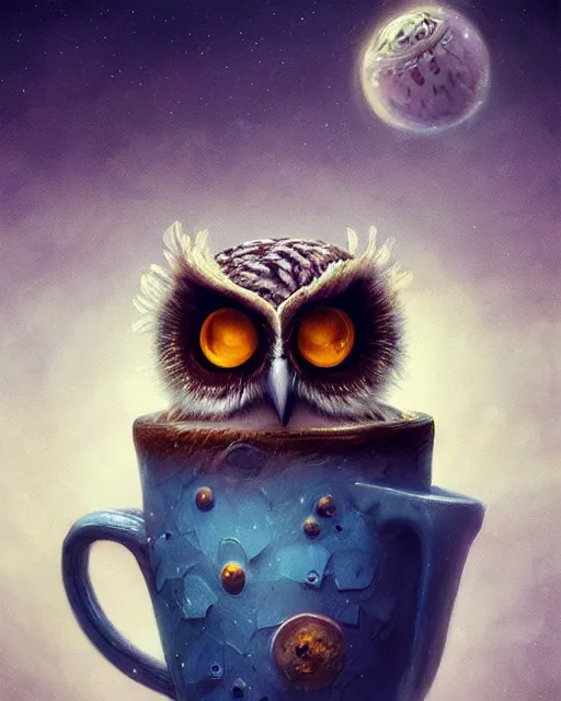 Image similar to long shot of a very cute owl chick nesting in a futuristic mug, esao andrews, humorous illustration, hyperrealistic, big depth of field, warm colors, whimsical cosmic night scenery, low light, 3 d octane render, 4 k, concept art, hyperdetailed, hyperrealistic, trending on artstation