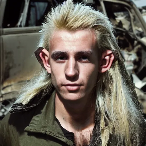 Image similar to close up headshot of a skinny high-fantasy elf with a long face narrow chin and spiky blonde hair wearing dark brown overalls and holding a bomb next to a destroyed car, gel spiked blond hair, small ears, narrow lips, high resolution film still, HDR color