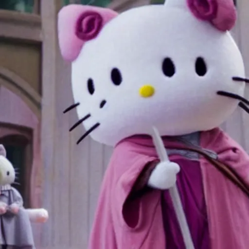Image similar to gandalf cosplaying Hello Kitty, movie still from the lord of the rings
