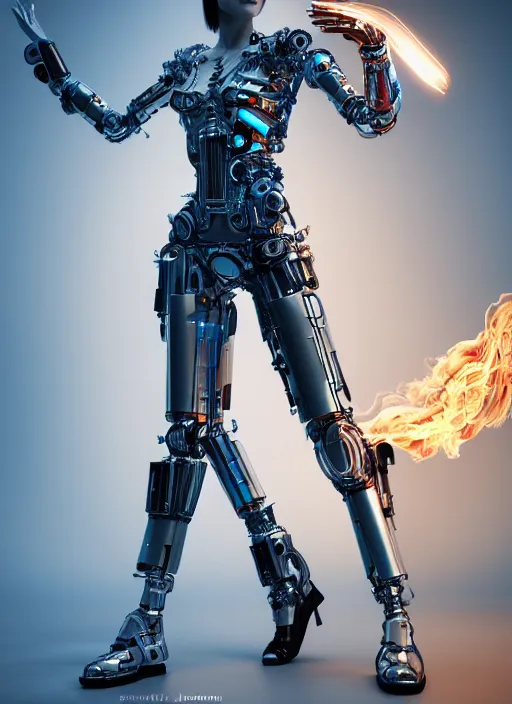 Prompt: a beautiful gorgeous futuristic cybernetic angel girl with a fire sword, prostheses, transhumanism, full body shot, perfect symmetrical body, perfect symmetrical face, hyper realistic, hyper detailed, by johannen voss, by peter kemp, by monia merlo, by michelangelo, octane render, blender, 8 k