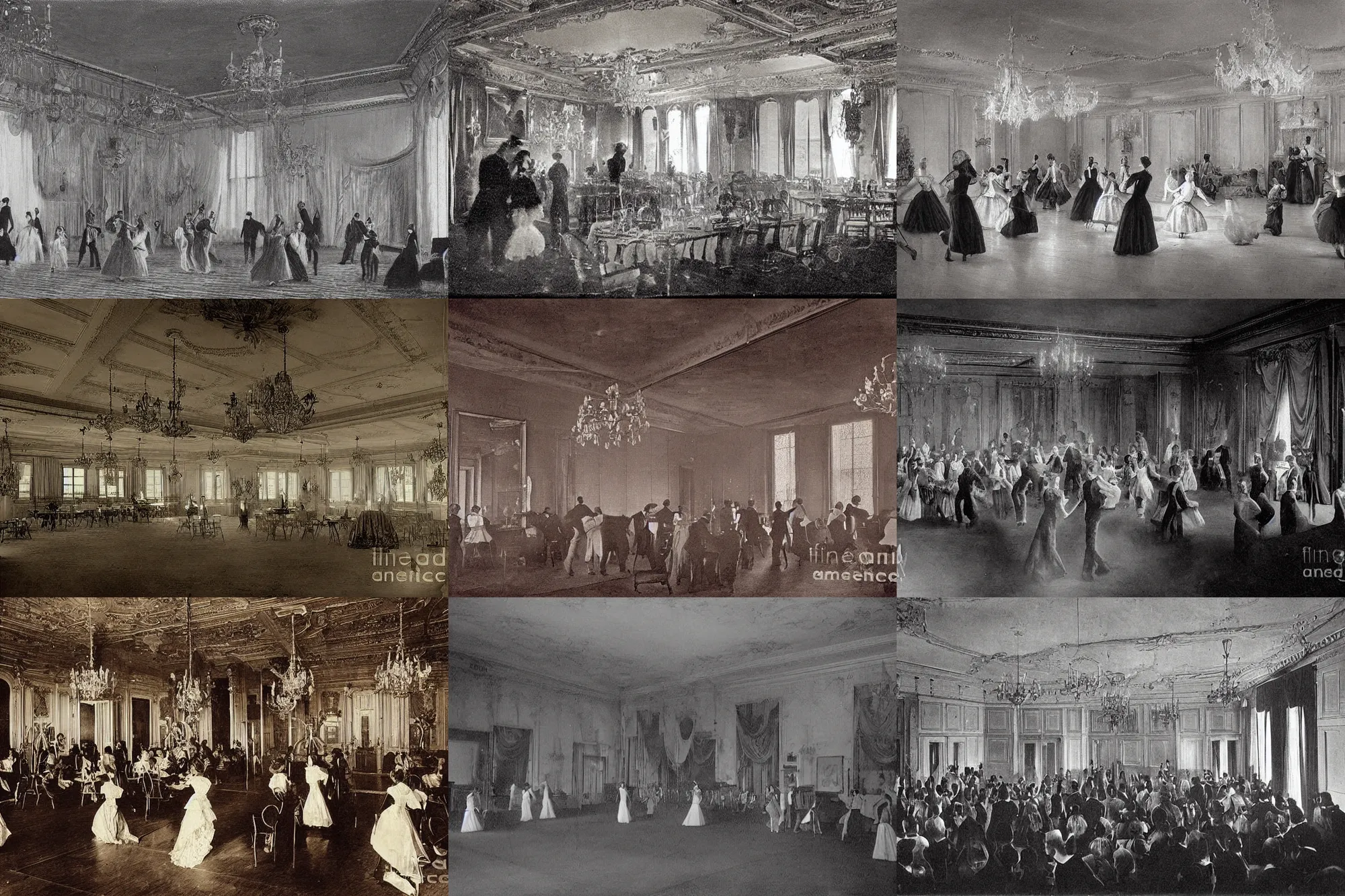 Prompt: 19th century ballroom, ghosts dancing, high detail, old photograph