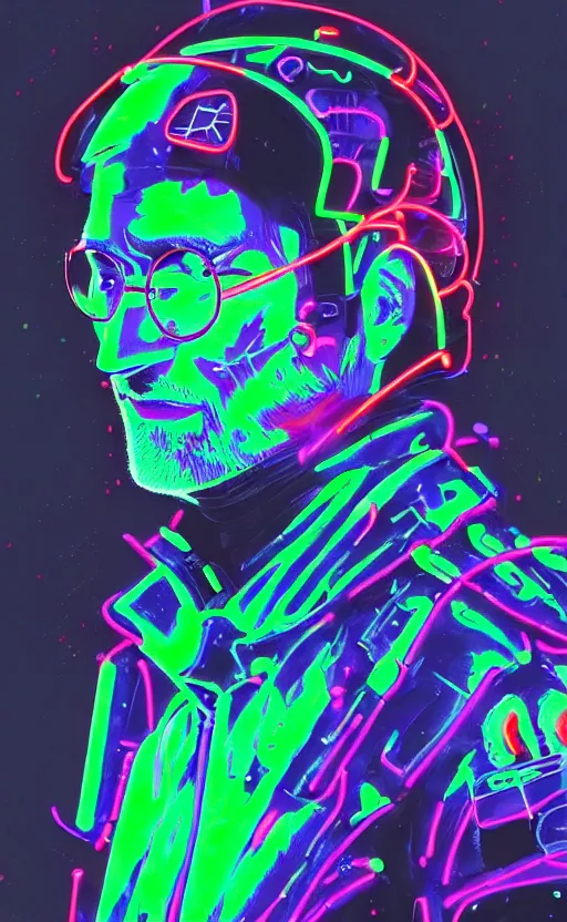 Image similar to detailed profile of Steve Jobs portrait Neon Operator, cyberpunk futuristic neon, reflective puffy coat, decorated with traditional Japanese ornaments by Ismail inceoglu dragan bibin hans thoma !dream detailed portrait Neon Operator Girl, cyberpunk futuristic neon, reflective puffy coat, decorated with traditional Japanese ornaments by Ismail inceoglu dragan bibin hans thoma greg rutkowski Alexandros Pyromallis Nekro Rene Maritte Illustrated, Perfect face, fine details, realistic shaded, fine-face, pretty face
