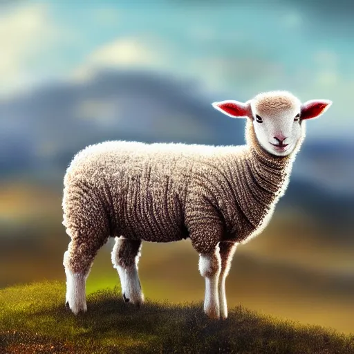 Image similar to lamb wearing a sweater, canon portrait, full body shot 4k, hills in the background, symmetry!!, coherent, photorealistic, cold colors, Scotland artstation,