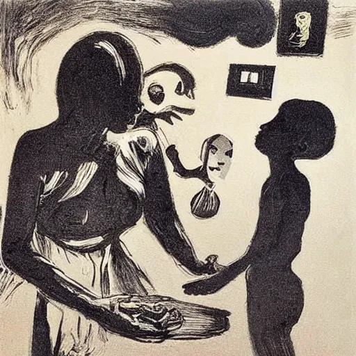 Prompt: A photograph. A rip in spacetime. Did this device in her hand open a portal to another dimension or reality?! dark yellow, lithograph by Isaac Levitan, by Paula Rego flowing, ominous