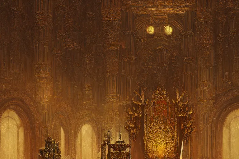 Image similar to close up view of a throne room interior, intricate, elegant, highly detailed, john park, craig mullins, sparth, ruan jia, jeffrey catherine jones