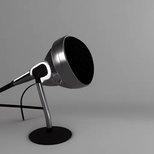 Image similar to 3 d render of stainless steel retro microphone on the black onyx stand, octane render, corona render, unreal engine, realistic render,