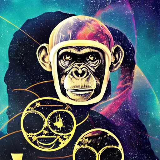 Image similar to double exposure portrait of astronaut and a chimpanzee astronaut with space and time in the the background by davinci, circles, psychedelic, pencil art, high definition, dynamic lighting stars, sharpness, spirals, golden ratio