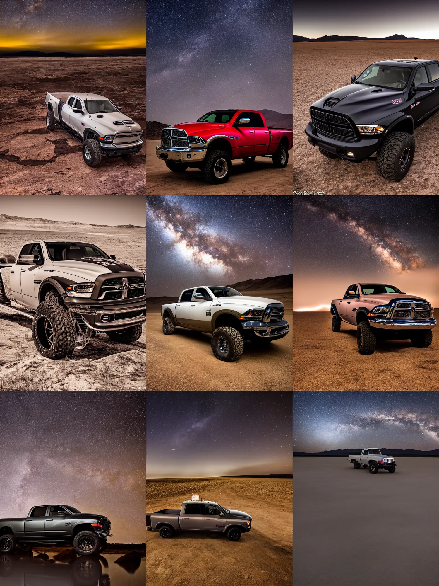 Prompt: dodge ram power wagon on dry lake night, long exposure, milkyway