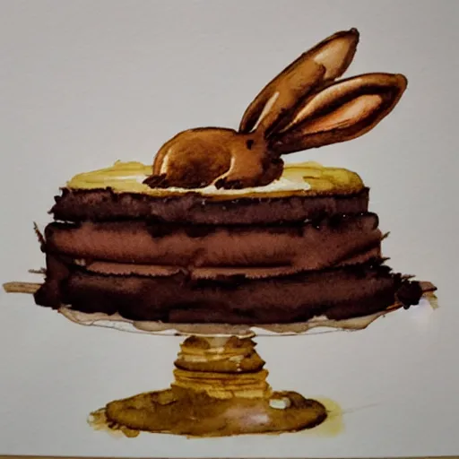 Image similar to a rabbit baking a chocolate cake, realistic watercolour