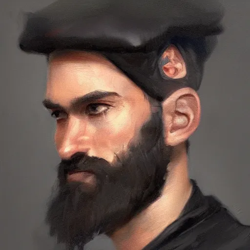 Prompt: An oil painting of a man dressed in priest robes, 30 years old, chad jaw line, short black hair, trimmed beard, sharp facial features, beautiful, highly detailed, by Cédric Peyravernay, trending on artstation