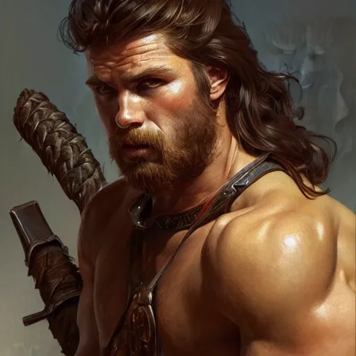 Image similar to portrait of a young rugged male barbarian, handsome, upper body, D&D, muscular, fantasy, intricate, elegant, highly detailed, digital painting, artstation, concept art, smooth, sharp focus, illustration, art by artgerm and greg rutkowski and alphonse mucha