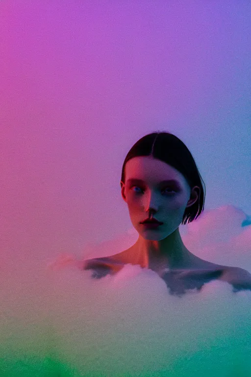 Image similar to high quality pastel coloured film close up wide angle photograph of a model wearing clothing swimming on cloud furniture in a icelandic black rock!! environment in a partially haze filled dreamstate world. three point light, rainbow. photographic production. art directed. pastel colours. volumetric clouds. pastel gradient overlay. waves glitch artefacts. extreme facial clarity. 8 k. filmic.