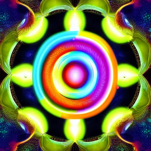 Prompt: rainbowcore, yinyang sign glowing, surrounded by lotus, with the sun shining with the moon, with detailed mandala filled with fractals, de-noise, symmetrical composition, high detailed, super clear, ornate border, 32k immaculate scale, hyper-realistic, Unreal Engine, Octane Render, digital art, trending on Artstation, atmospheric, immaculate