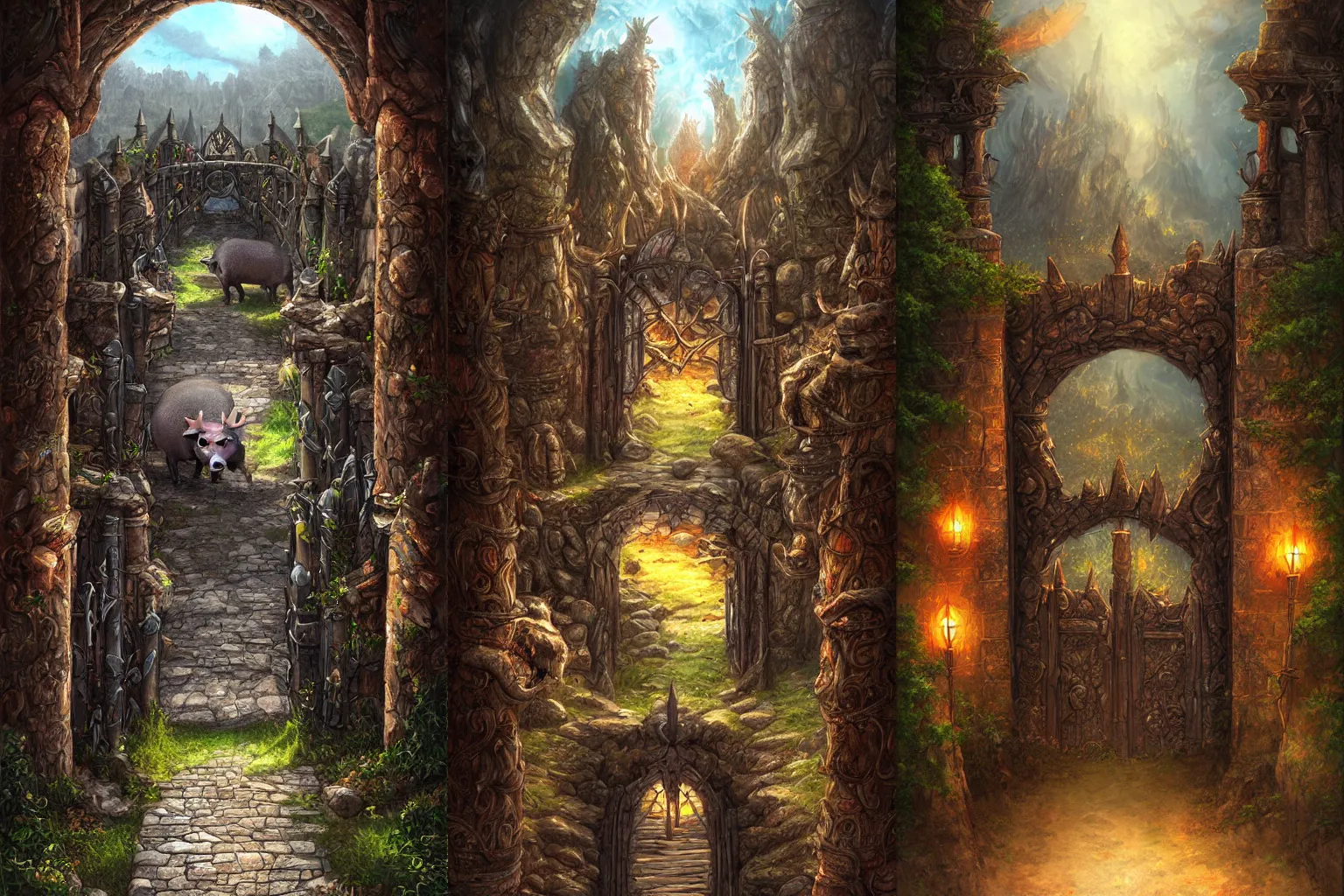 Prompt: The gate to the eternal kingdom of boars, fantasy, digital art, HD, detailed.