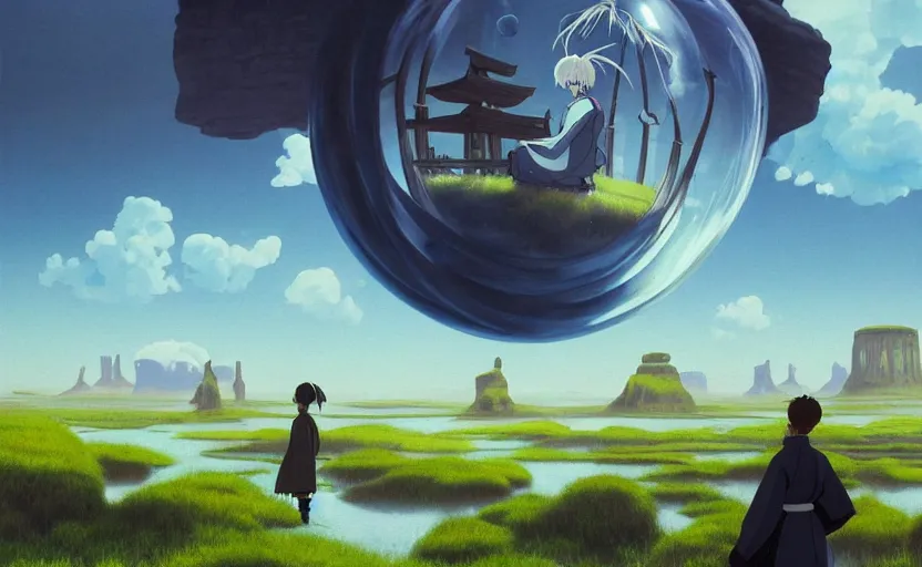 Prompt: a scary hyperrealist painting of a samurai in a giant transparent bubble from howl's moving castle ( 2 0 0 4 ) in a flooded monument valley stonehenge jungle. depth perception, 4 k, artstation, in the style of studio ghibli