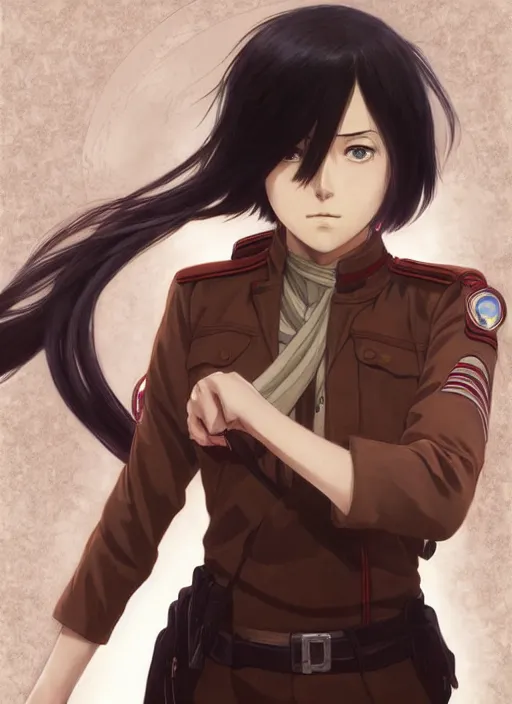 Image similar to portrait of mikasa ackerman aot, path traced, highly detailed, high quality, digital painting, by studio ghibli and alphonse mucha, leesha hannigan, hidari, art nouveau, chiho aoshima, posuka demizu