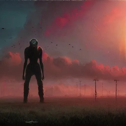 Prompt: a digital painting of a gigantic big enormous humanoid monster standing in the sky, concept art by simon stalenhag and peter mohrbacher cgsociety, vanitas, ominous, lovecraftian, speedpainting, apocalypse art. mist. unreal engine. hyper - realistic. photo realistic. octane render. detailed masterpiece. extreme wide shot. dutch tilt