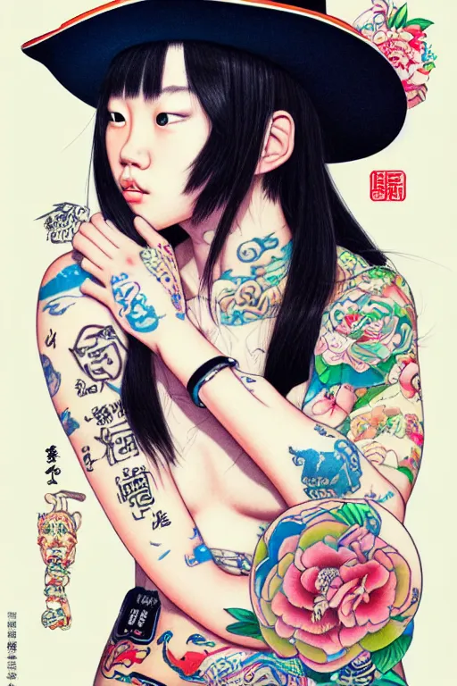 Prompt: full view of taiwanese girl with classic sailor tattoos wearing cowboy hat, style of yoshii chie and hikari shimoda and martine johanna, highly detailed