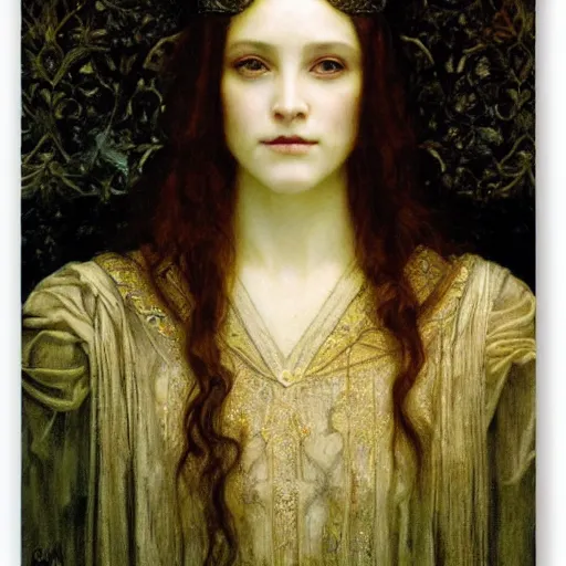 Image similar to detailed realistic beautiful young medieval queen face portrait by jean delville and ruan jia, art nouveau, symbolist, visionary, gothic, pre - raphaelite