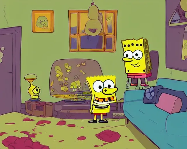 Image similar to spongebob and patrick doing drugs in patricks house, digital art, artstation, amazing detail