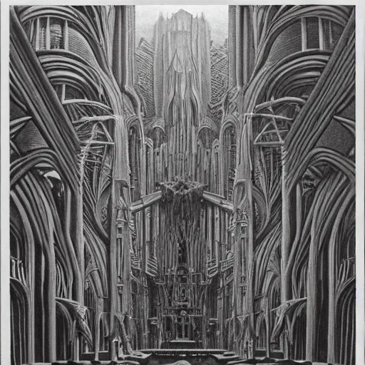 Image similar to monstrous and twisted cathedral with an altar that has a statue to many eyed and four armed cthulhu. in the style of hr giger and zdzisław beksinski escher gloom misty glow