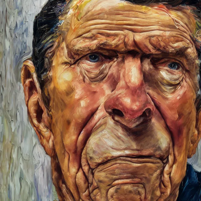 Image similar to close up studio portrait of aging old Ronald Reagan age 115 wrinkled sad, glossy impasto oil painting by Lucian Freud and Tim Hawkinson and Cy Twombly, trending on artstation Studio lighting Expressionism