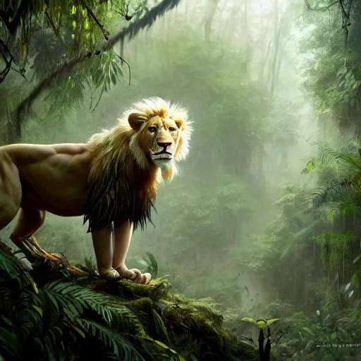 Image similar to commission portrait of a fit male anthro albino lion,dressed in jungle clothes,goung through a jungle.,dramatic,character design by charles bowater,greg rutkowski,ross tran,hyperdetailed,hyperrealistic,4k,deviantart,artstation,professional photography,concept art