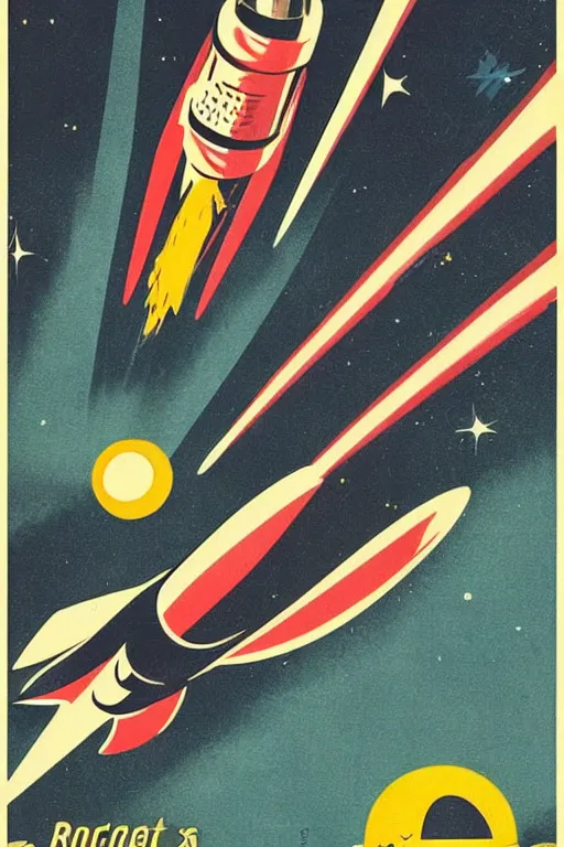 Image similar to poster of rocket flying through space, 1 9 5 0 s style, futuristic design, dark, symmetrical, washed out color, centered, art deco, 1 9 5 0's futuristic, glowing highlights, intense